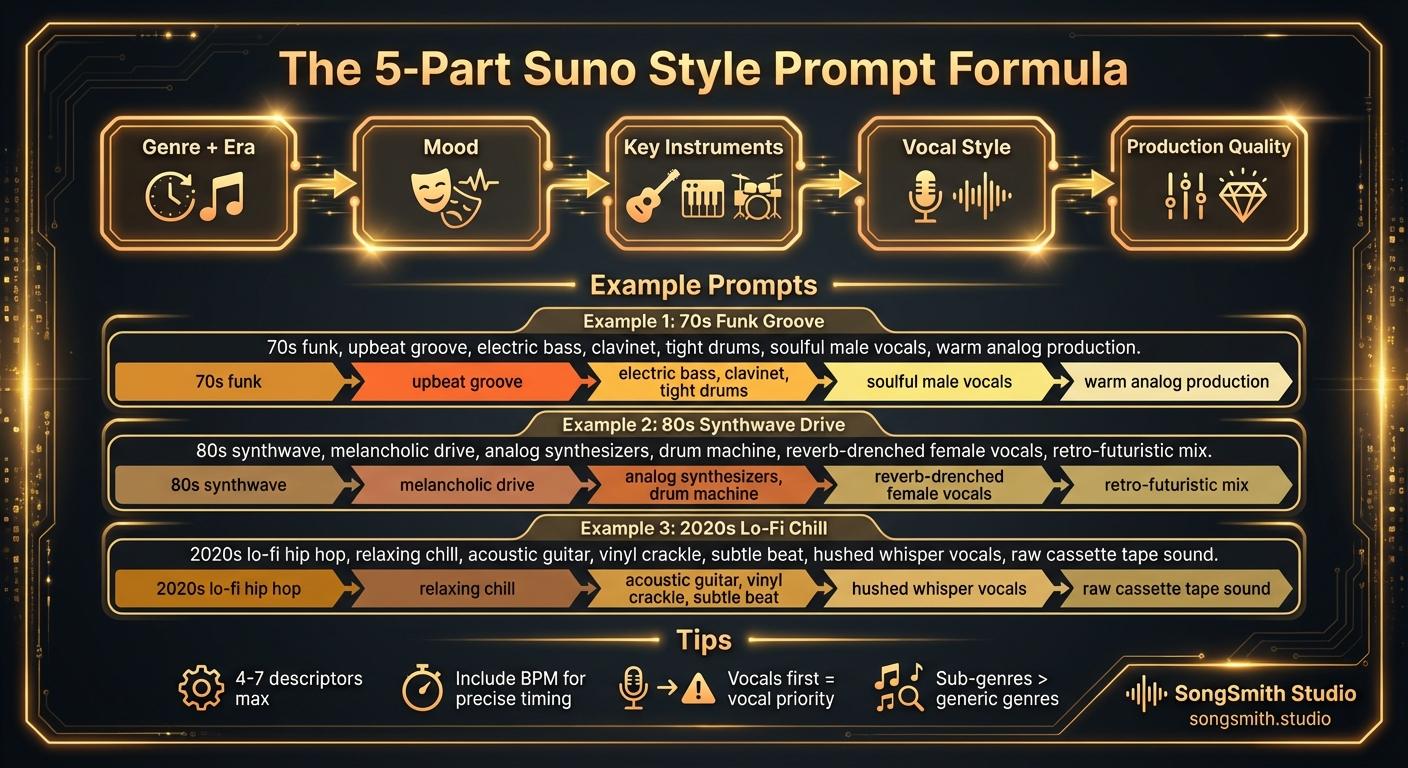 Horizontal pipeline flow diagram showing the 5-part Suno style prompt formula: Genre + Era → Mood → Key Instruments → Vocal Style → Production Quality. Below are 3 example prompts with color-coded sections matching each pipeline stage.