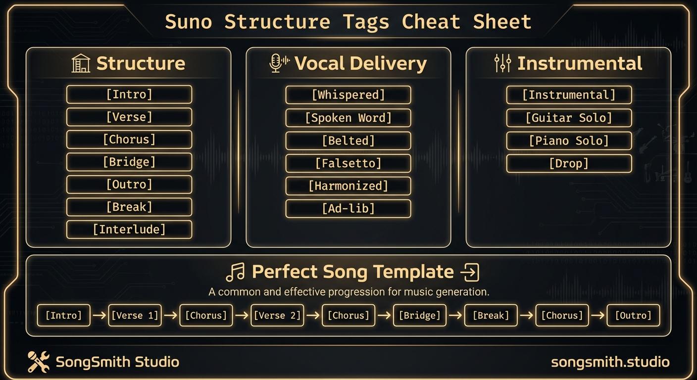 Three-column cheat sheet showing all Suno structure tags: Structure column with [Intro], [Verse], [Chorus], [Bridge], [Outro], [Break], [Interlude]. Vocal Delivery column with [Whispered], [Spoken Word], [Belted], [Falsetto], [Harmonized], [Ad-lib]. Instrumental column with [Instrumental], [Guitar Solo], [Piano Solo], [Drop]. Bottom shows a perfect song template flowchart.