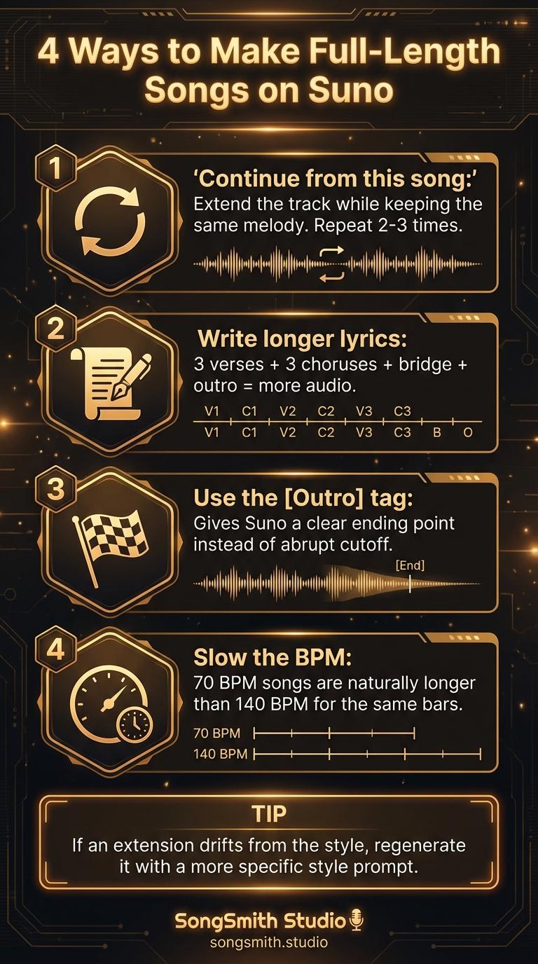 Vertical layout showing 4 numbered methods with icons: Repeat icon for Continue feature, Document icon for Longer lyrics, Flag icon for [Outro] tag, Speedometer icon for BPM control. Each shows a brief explanation and benefit. Bottom includes a pro tip about fixing style drift during extensions.