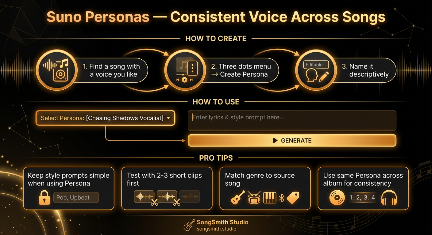 Top section shows 3-step flow to create Persona: Find a song with a voice you like, click three-dots menu and select Create Persona, name it descriptively. Middle section shows how to use: Select Persona dropdown, write lyrics and style, generate. Bottom grid of 4 pro tips: Keep style prompts simple with Persona, test with 2-3 short clips, match genre to source song, use same Persona for album consistency.