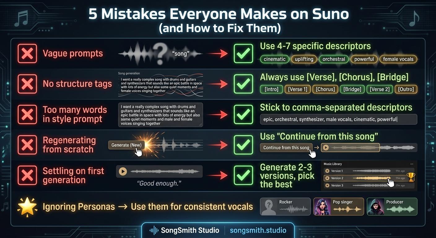 Dark-themed infographic with 5 error/fix rows. Left side has red X icon and mistake. Right side has green checkmark and fix: 1. X Vague prompts → Check Use 4-7 specific descriptors, 2. X No structure tags → Check Use [Verse], [Chorus], [Bridge], 3. X Too many words in style prompt → Check Comma-separated descriptors only, 4. X Regenerating from scratch → Check Use Continue from this song, 5. X Settling on first generation → Check Generate 2-3 versions pick best. Bonus: Ignoring Personas → Use them for consistent vocals.