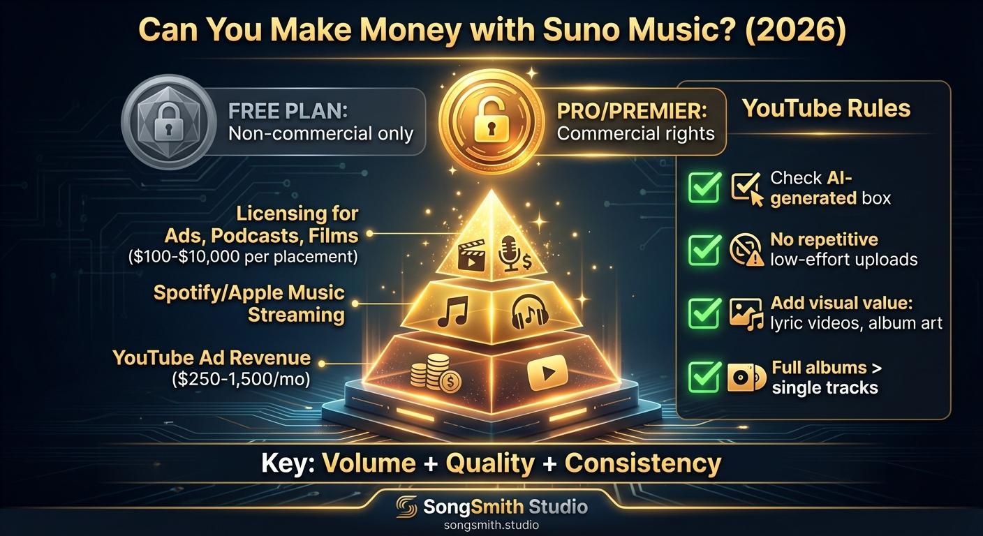 Infographic showing Suno monetization options: Free plan non-commercial vs Pro/Premier commercial rights, pyramid diagram of where the money is (YouTube ad revenue, streaming, licensing), and YouTube 2026 rules checklist.