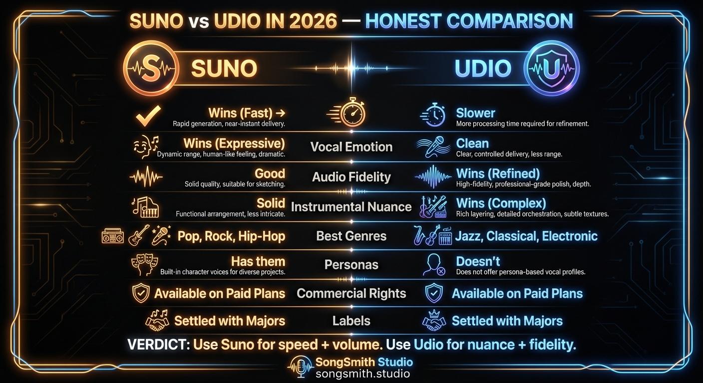 Two-column comparison infographic of Suno (left, amber) vs Udio (right, blue) showing rows for speed, vocal emotion, audio fidelity, instrumental nuance, best genres, personas, commercial rights, and settlement status.