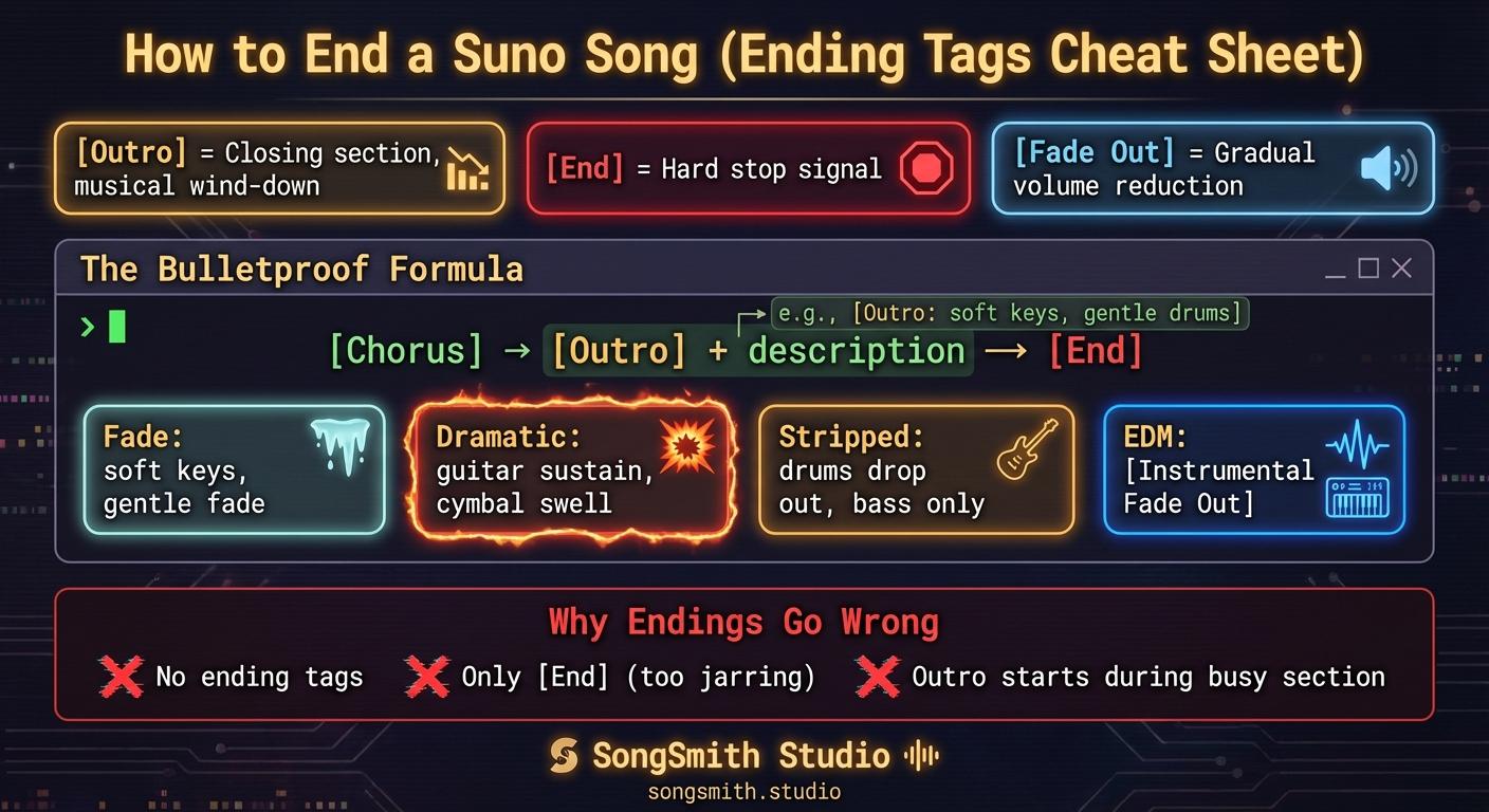 Dark-themed cheat sheet with three ending tag cards: [Outro] for closing section with amber accent, [End] for hard stop with red accent, [Fade Out] for gradual volume reduction with blue accent. Middle shows The Bulletproof Formula flowchart: [Chorus] → [Outro] → [End]. Bottom displays four genre-specific ending examples with styling boxes for fade, dramatic, stripped, and EDM endings.