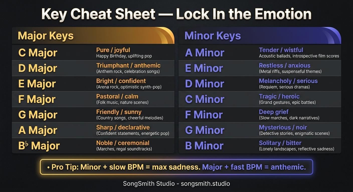 Dark-themed cheat sheet with two columns — Major Keys on the left in warm gold and Minor Keys on the right in deep purple. Each row shows the key name in bold, an emotional descriptor word, and a short use-case. Includes C Major (pure/joyful), D Major (triumphant), E Major (bright), F Major (pastoral), G Major (friendly), A Major (sharp), B♭ Major (noble) on the major side; A Minor (tender), E Minor (restless), D Minor (melancholy), C Minor (tragic), F Minor (deep grief), G Minor (mysterious), B Minor (solitary) on the minor side. Pro tip footer: Minor + slow BPM = max sadness; Major + fast BPM = anthemic.