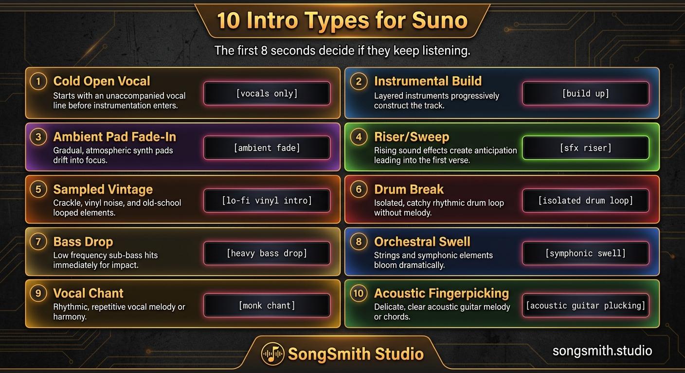 Dark-themed grid cheat sheet with 10 numbered cells showing intro types for Suno songs. Each cell lists the intro name, a one-line description, and the exact Suno tag. Intros include cold open vocal, instrumental build, ambient pad fade-in, riser/sweep, sampled vintage, drum break, bass drop, orchestral swell, vocal chant, and acoustic fingerpicking. Each cell has a subtle genre-appropriate color accent. Top banner: The first 8 seconds decide if they keep listening.