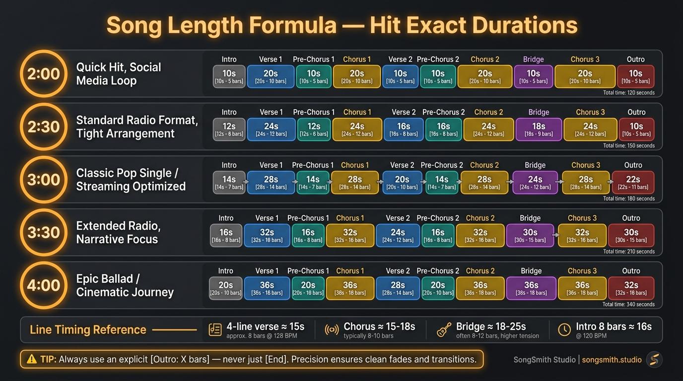 Dark-themed cheat sheet showing 5 target song durations (2:00, 2:30, 3:00, 3:30, 4:00) stacked as horizontal rows. Each row shows an amber duration badge, a subtitle label, and a colored block diagram representing the song structure with intro, verses, pre-chorus, chorus, bridge, and outro sections. Each section is a different color — intro gray, verse blue, pre-chorus teal, chorus gold, bridge purple, outro dark red. Bottom strip shows line-timing reference: 4-line verse ≈ 15s, chorus ≈ 15–18s, bridge ≈ 18–25s. Footer tip: Always use an explicit [Outro: X bars] — never [End].