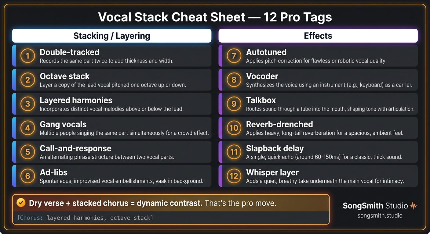 Dark-themed cheat sheet with two columns — Stacking & Layering on the left (6 tags) and Effects on the right (6 tags) — totaling 12 numbered rows. Each row shows the tag name in bold and a one-line description. Stacking tags: double-tracked, octave stack, layered harmonies, gang vocals, call-and-response, ad-libs. Effect tags: autotuned, vocoder, talkbox, reverb-drenched, slapback delay, whisper layer. Each column has a colored left accent bar. Bottom banner: Dry verse + stacked chorus = dynamic contrast. Below that, a code example of a [Chorus] section with stack tags.