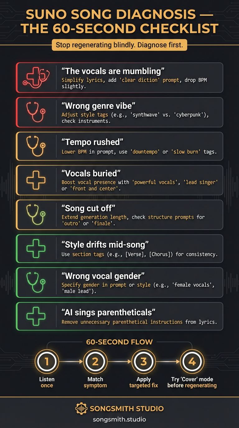 Dark-themed diagnostic infographic with 8 symptom cards stacked vertically. Each card shows a quoted symptom in bold (e.g. "The vocals are mumbling") and a short fix in amber text below. Symptoms include vocals mumbling, wrong genre vibe, tempo rushed, vocals buried, song cut off, style drifts mid-song, wrong vocal gender, and AI sings parentheticals. Each card has a colored left border in a traffic-light gradient from red to green based on urgency. Top banner: Stop regenerating blindly. Diagnose first. Bottom shows a 4-step flow: Listen once → Match symptom → Apply targeted fix → Try Cover mode before regenerating.