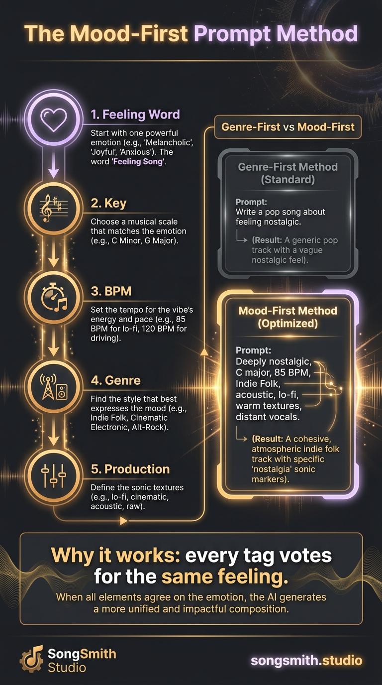 Vertical 5-step flow diagram (Feeling Word → Key → BPM → Genre → Production) on the left with a side-by-side comparison of genre-first vs mood-first style prompts on the right, amber/gold accents on the winning mood-first version.