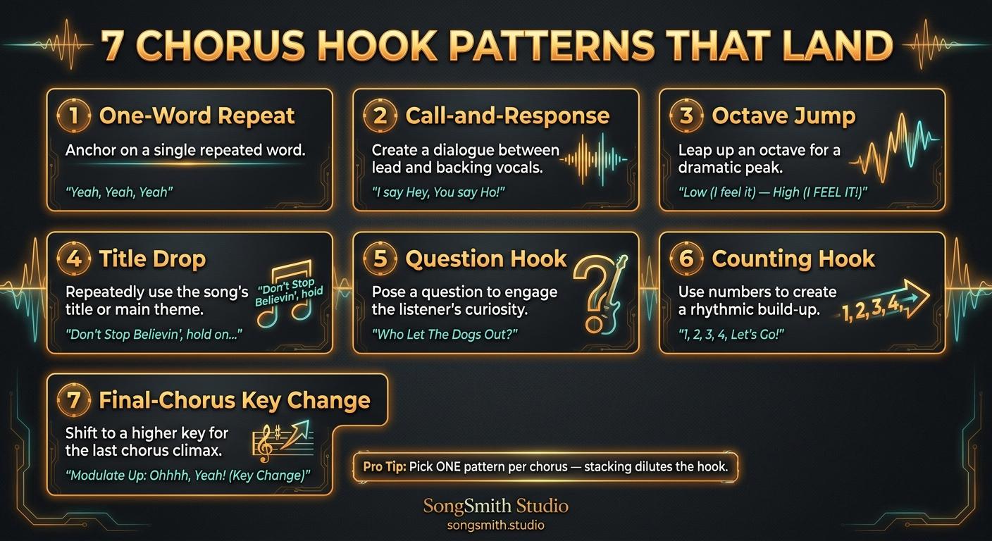 Dark cheat sheet infographic showing 7 chorus hook patterns in a card grid: One-Word Repeat, Call-and-Response, Octave Jump, Title Drop, Question Hook, Counting Hook, Final-Chorus Key Change. Each card has the pattern name in amber and a one-line description.