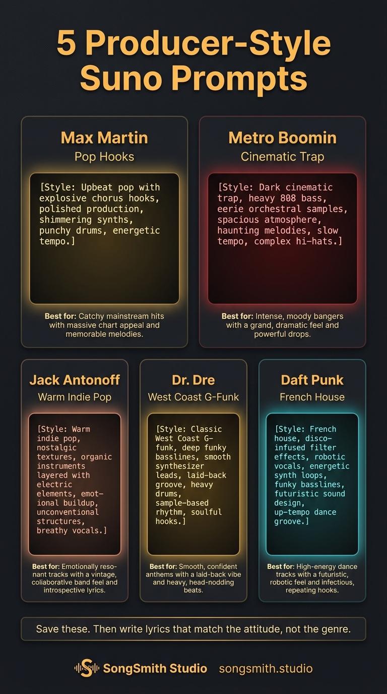 Five vertical templates infographic: each card shows a producer name in bold (Max Martin, Metro Boomin, Jack Antonoff, Dr. Dre, Daft Punk), the genre subtitle, and the full style prompt in a code-block, with a Best for line at the bottom.