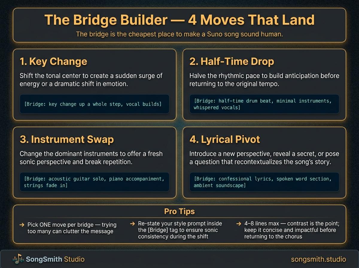 Tutorial infographic showing 4 bridge moves in a 2x2 grid: Key Change, Half-Time Drop, Instrument Swap, Lyrical Pivot. Each card includes a one-line description and the exact section tag in a code block.