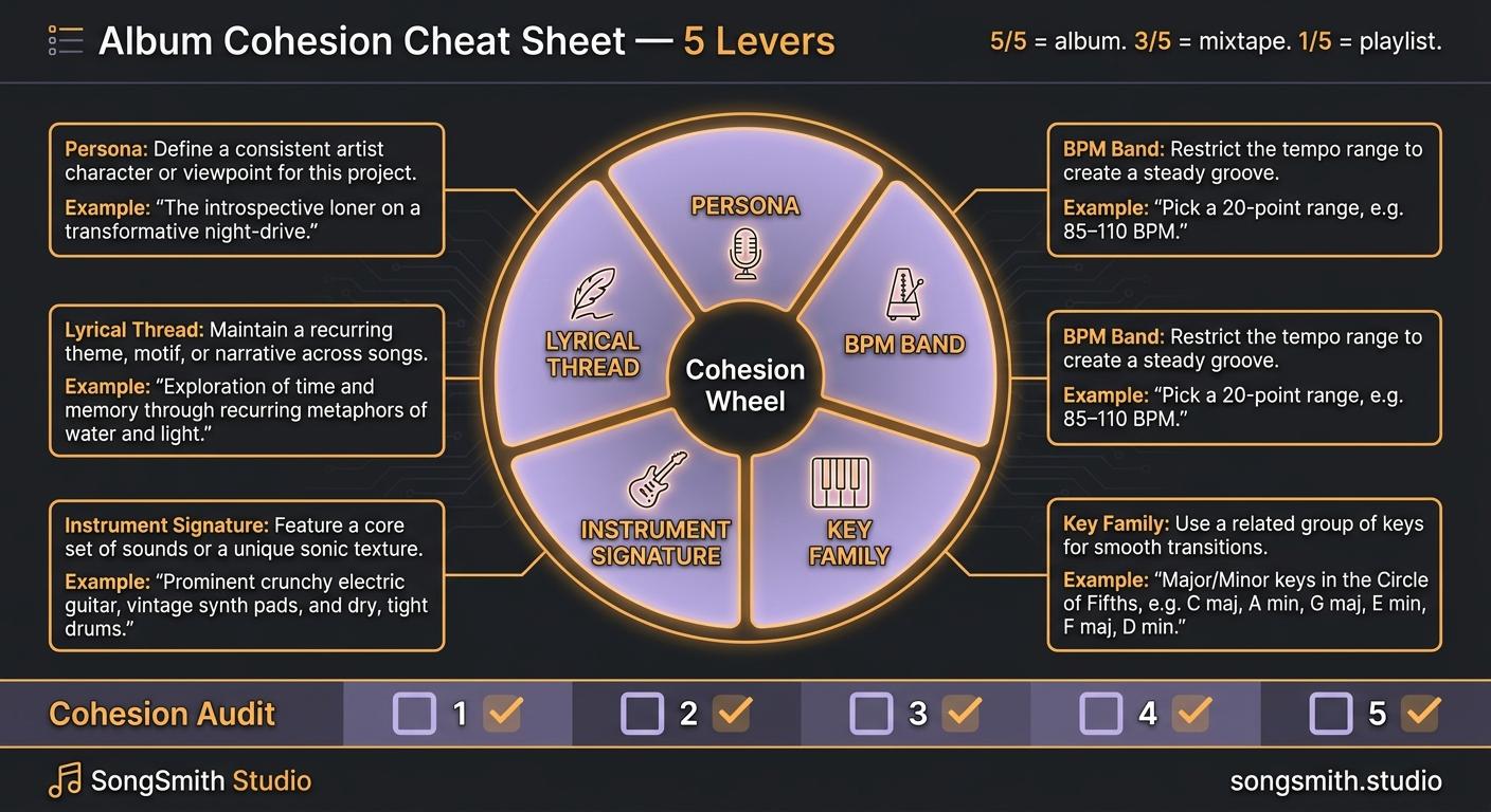 Cheat sheet infographic with a central Cohesion Wheel showing 5 wedges (Persona, BPM Band, Key Family, Instrument Signature, Lyrical Thread) surrounded by 5 callout boxes with descriptions, plus a Cohesion Audit checklist row at the bottom.