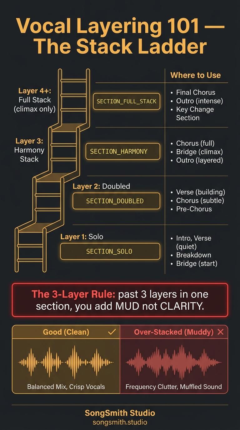 Cheat sheet infographic with a vertical 4-step ladder showing layer counts (Solo, Doubled, Harmony Stack, Full Stack), with exact tags beside each rung, plus a red-bordered warning box about the 3-layer rule and a side-by-side good-vs-overstacked comparison.