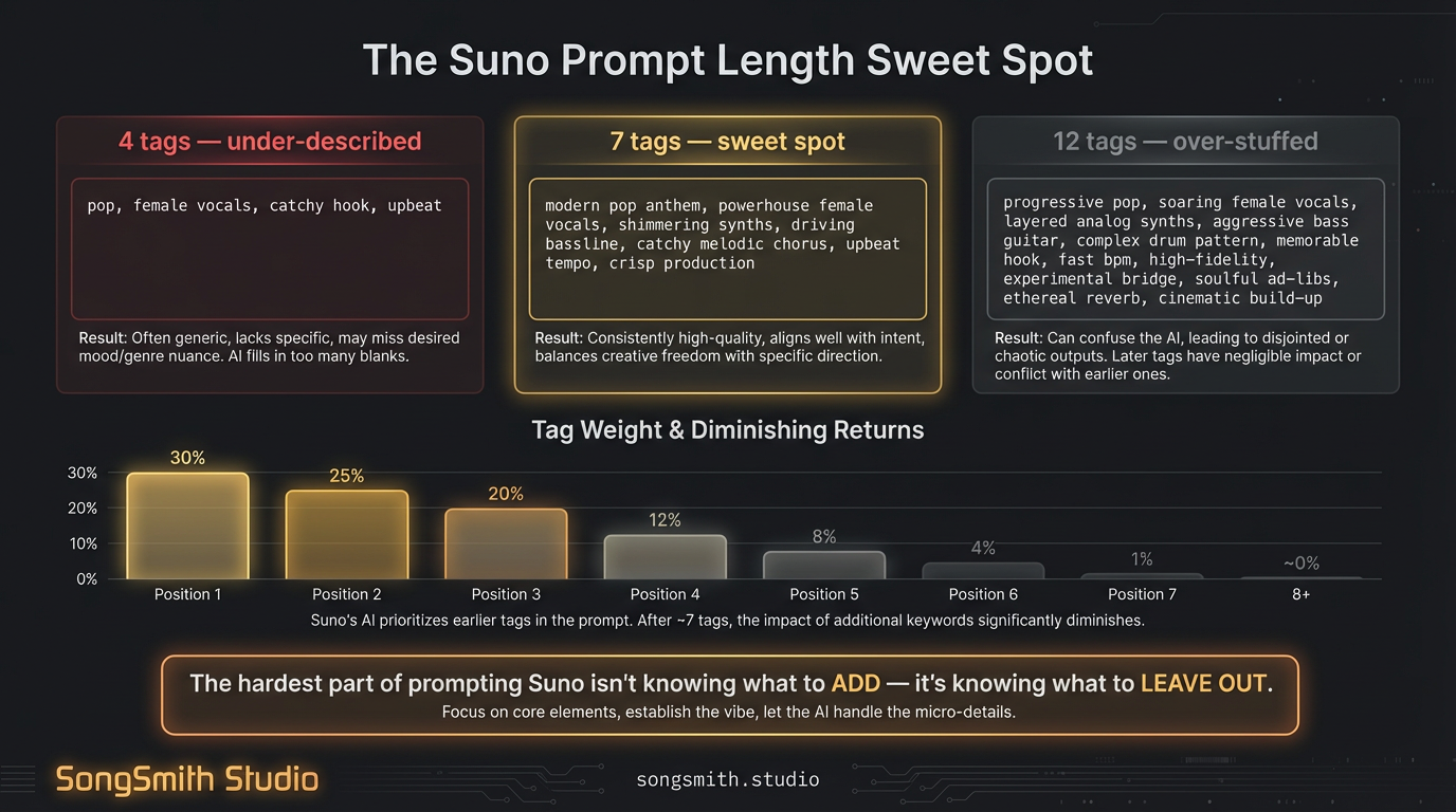 Comparison infographic with three vertical columns showing the same song idea written at 4 tags, 7 tags, and 12 tags. Below the columns, a horizontal Tag Weight bar chart showing diminishing returns from position 1 (30%) to position 8+ (~0%). The 7-tag column is highlighted in amber as the winner.
