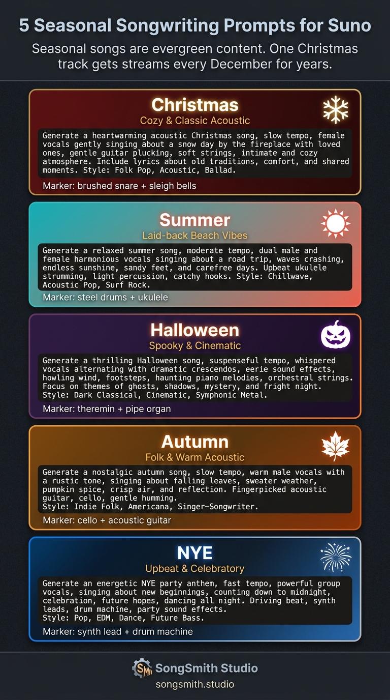 Seasonal templates infographic with 5 vertical season-themed cards (Christmas red/gold, Summer turquoise/coral, Halloween purple/orange, Autumn amber/burnt orange, NYE electric blue/silver). Each card shows the genre subtitle and full style prompt in a code block.