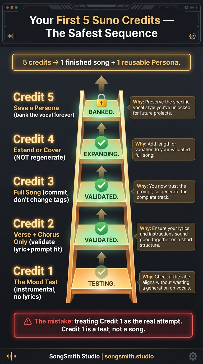 Beginner tutorial infographic showing a vertical 5-step ladder labeled Credit 1 through Credit 5, each with a purpose (Mood Test, Verse + Chorus Only, Full Song, Extend or Cover, Save Persona) and a one-line Why caption. Bottom warning box highlights the mistake of treating Credit 1 as the real attempt.