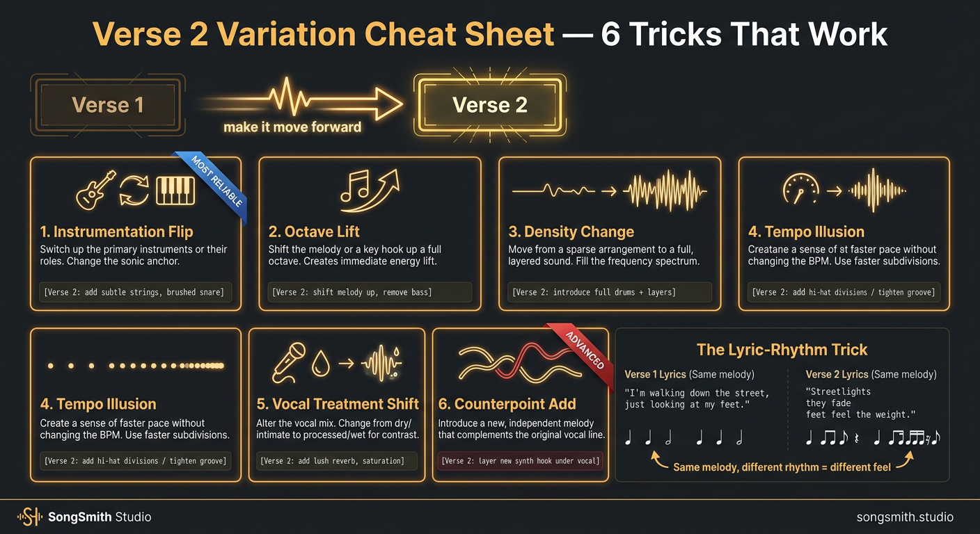 Cheat-sheet infographic titled 'Verse 2 Variation Cheat Sheet' showing 6 numbered technique cards arranged in a 2x3 grid with a 'make it move forward' transformation arrow at the top.