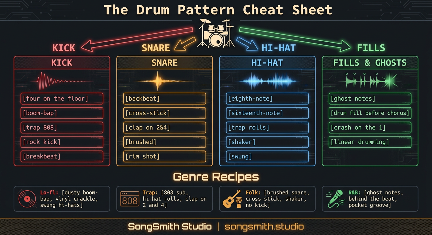 Drum-pattern cheat sheet infographic split into 4 color-coded columns (Kick, Snare, Hi-hat, Fills & Ghosts) with tags listed in each, plus 4 genre-recipe mini-cards at the bottom.