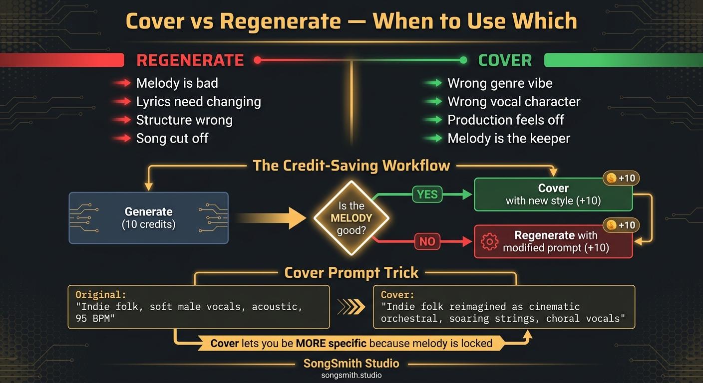 Decision-tree infographic comparing Cover vs Regenerate with a red 'regenerate' panel and green 'cover' panel, plus a credit-saving workflow flowchart underneath.