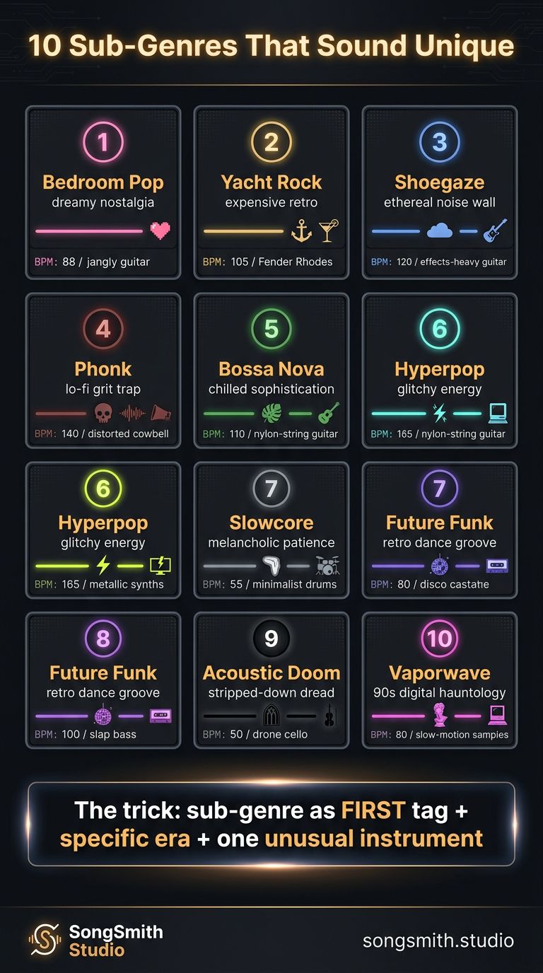 Cheat-sheet infographic listing 10 sub-genre templates in a 2x5 grid, each card with a name in bold amber, vibe descriptor, and BPM + signature instrument snippet.