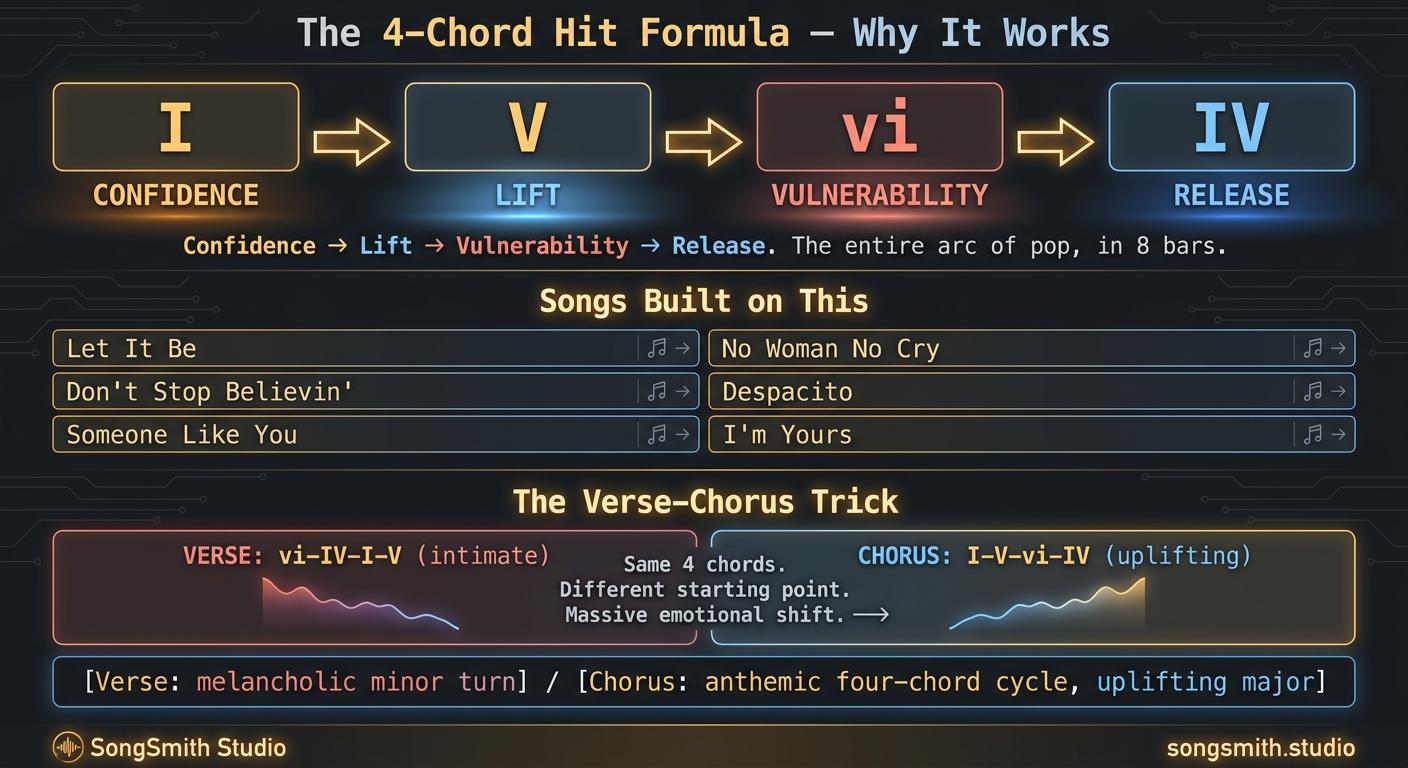 Educational infographic showing the I-V-vi-IV progression with emotional descriptors (Confidence → Lift → Vulnerability → Release) and a list of hit songs that share the progression.