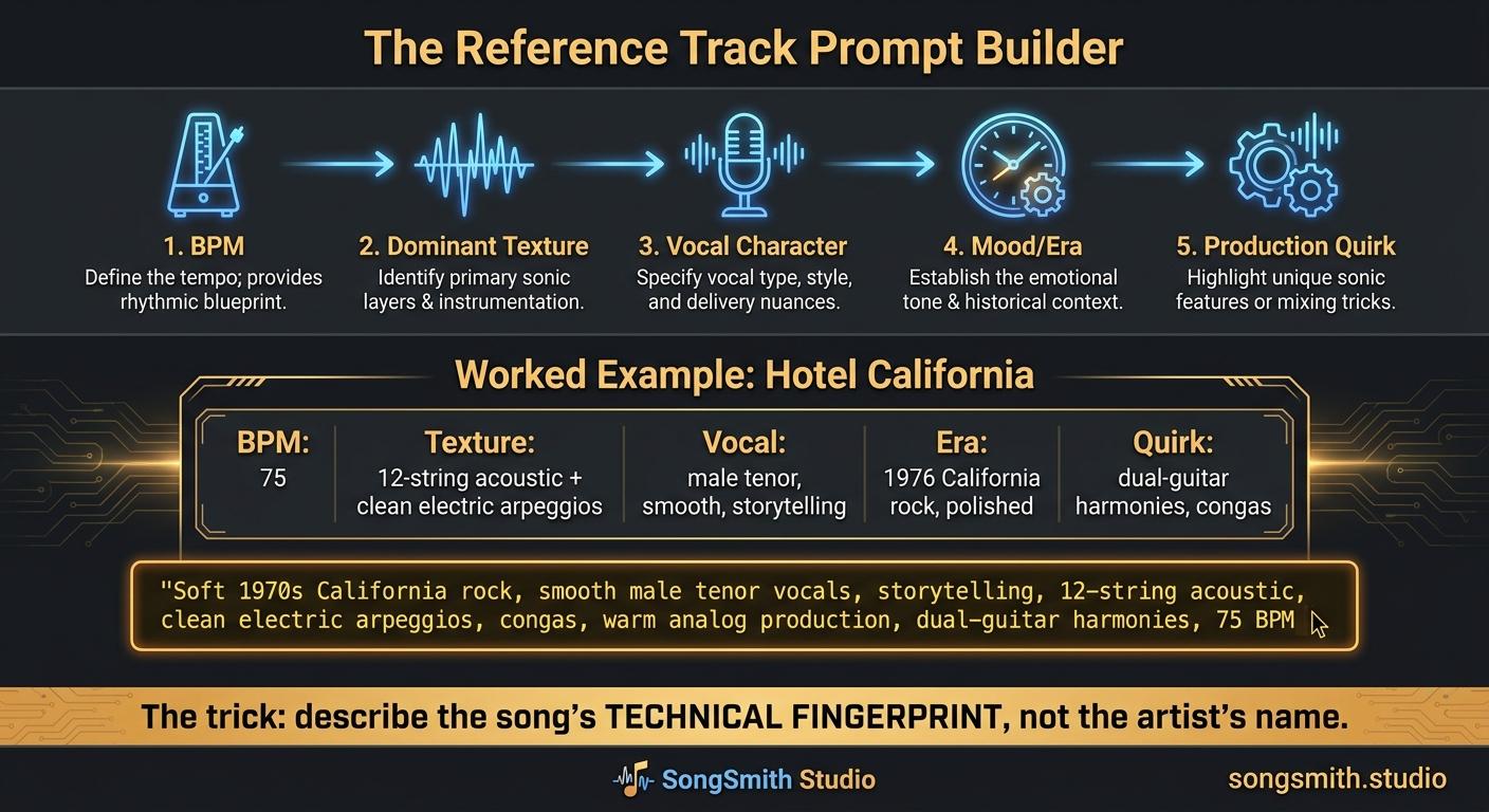 Step-by-step infographic showing the 5-step reference-track decomposition pipeline (BPM, texture, vocal, mood/era, quirk) with a worked Hotel California example and assembled prompt.