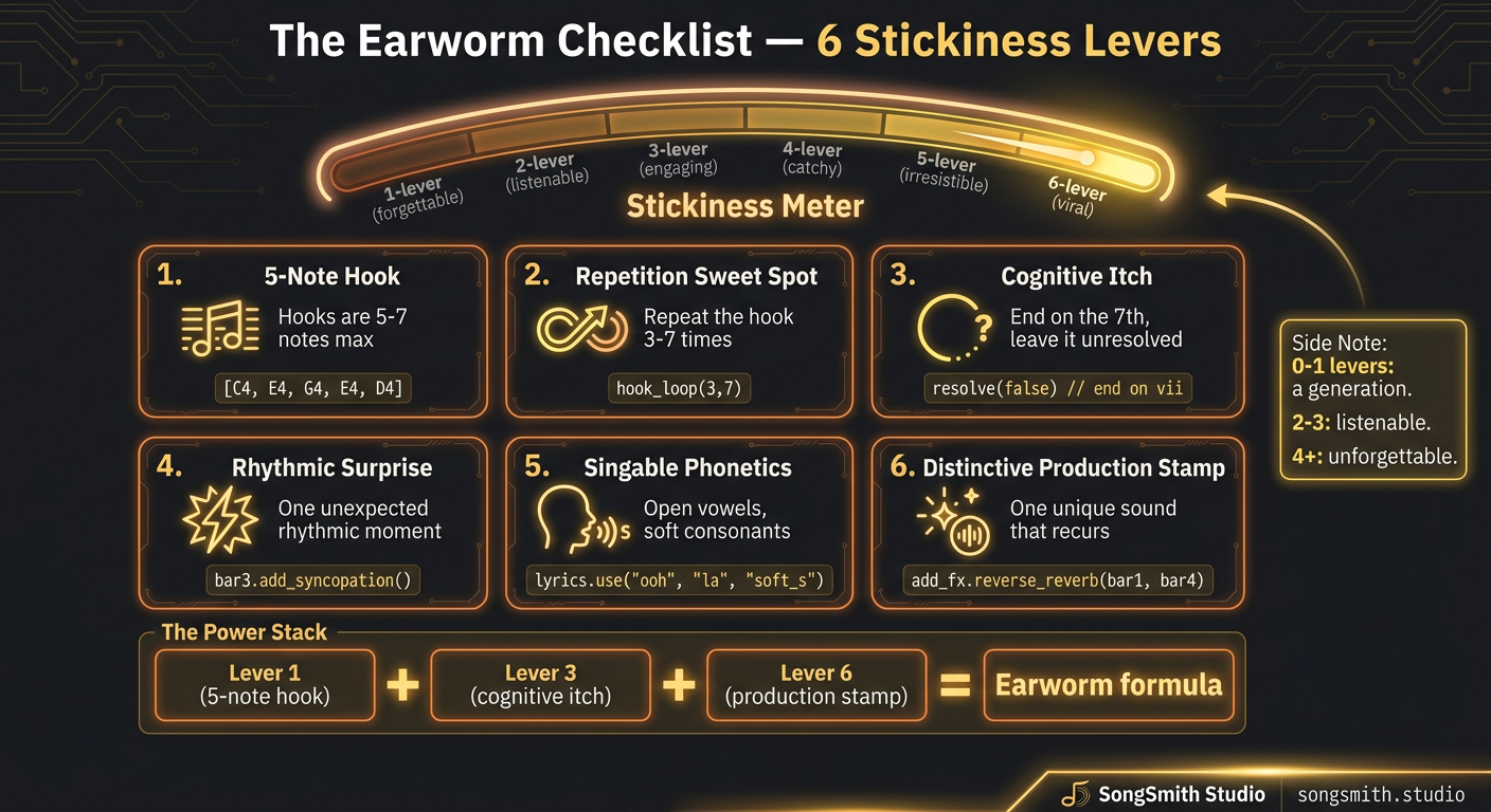 Checklist infographic with a 'stickiness meter' gauge at top, 6 numbered lever cards in a 2x3 grid (5-note hook, repetition, cognitive itch, rhythmic surprise, singable phonetics, production stamp), and 'The Power Stack' formula at the bottom.
