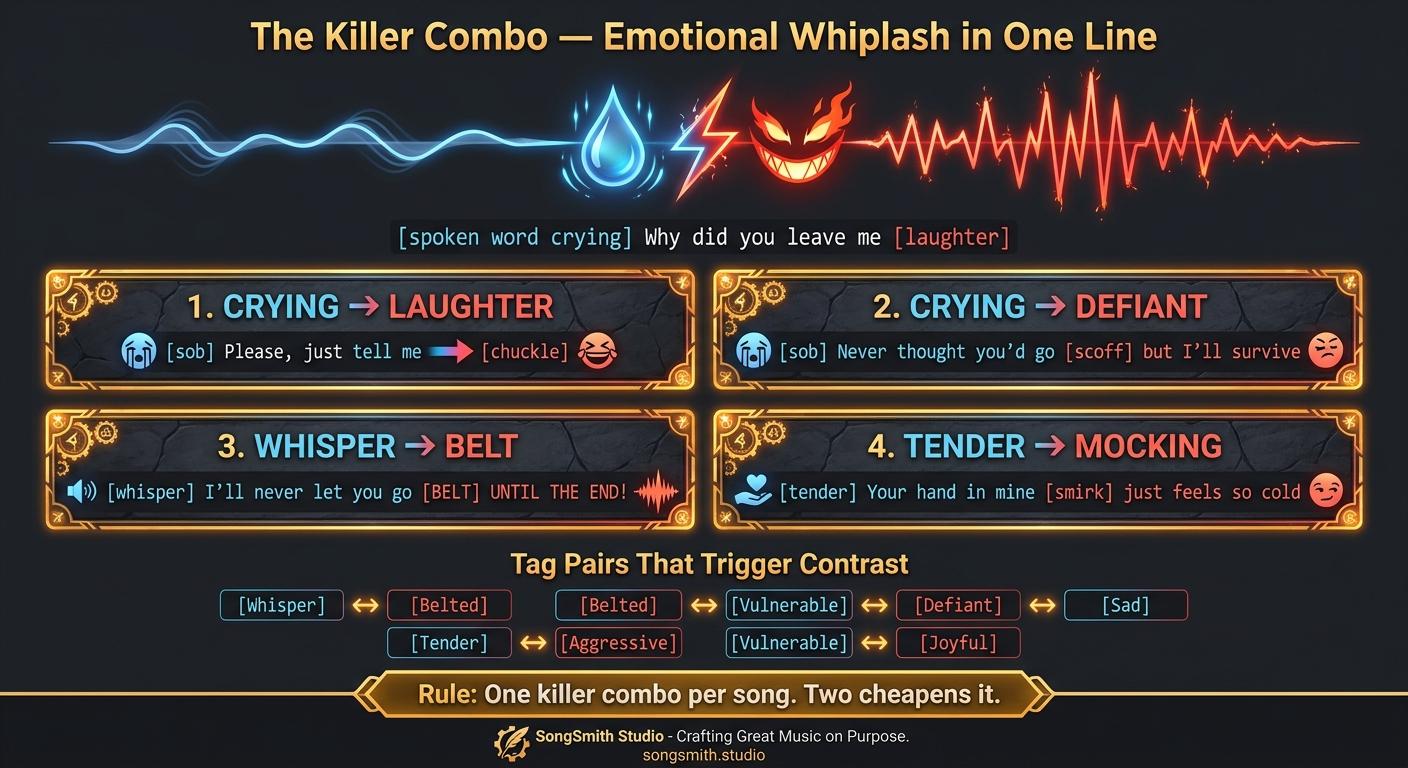 Craft infographic titled 'The Killer Combo — Emotional Whiplash in One Line' with a stylized waveform showing soft-to-snap transition, 4 killer-combo cards in a 2x2 grid, and tag-pair contrast list.
