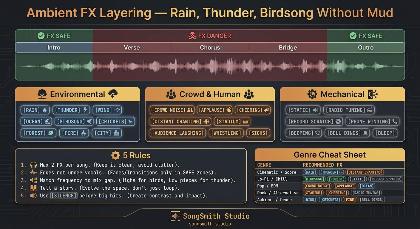 Reference infographic titled 'Ambient FX Layering' with a song timeline showing 'FX SAFE' zones, 3-column FX library (Environmental, Crowd & Human, Mechanical), and 5 placement rules.
