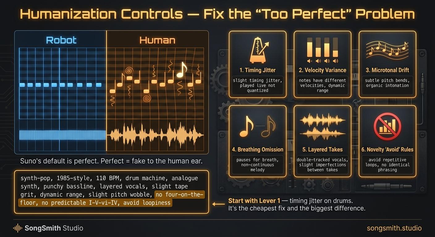 Advanced-technique infographic titled 'Humanization Controls' with a 'Robot vs Human' split visual, 6 numbered lever cards in a 2x3 grid, and a full humanization style-box example.