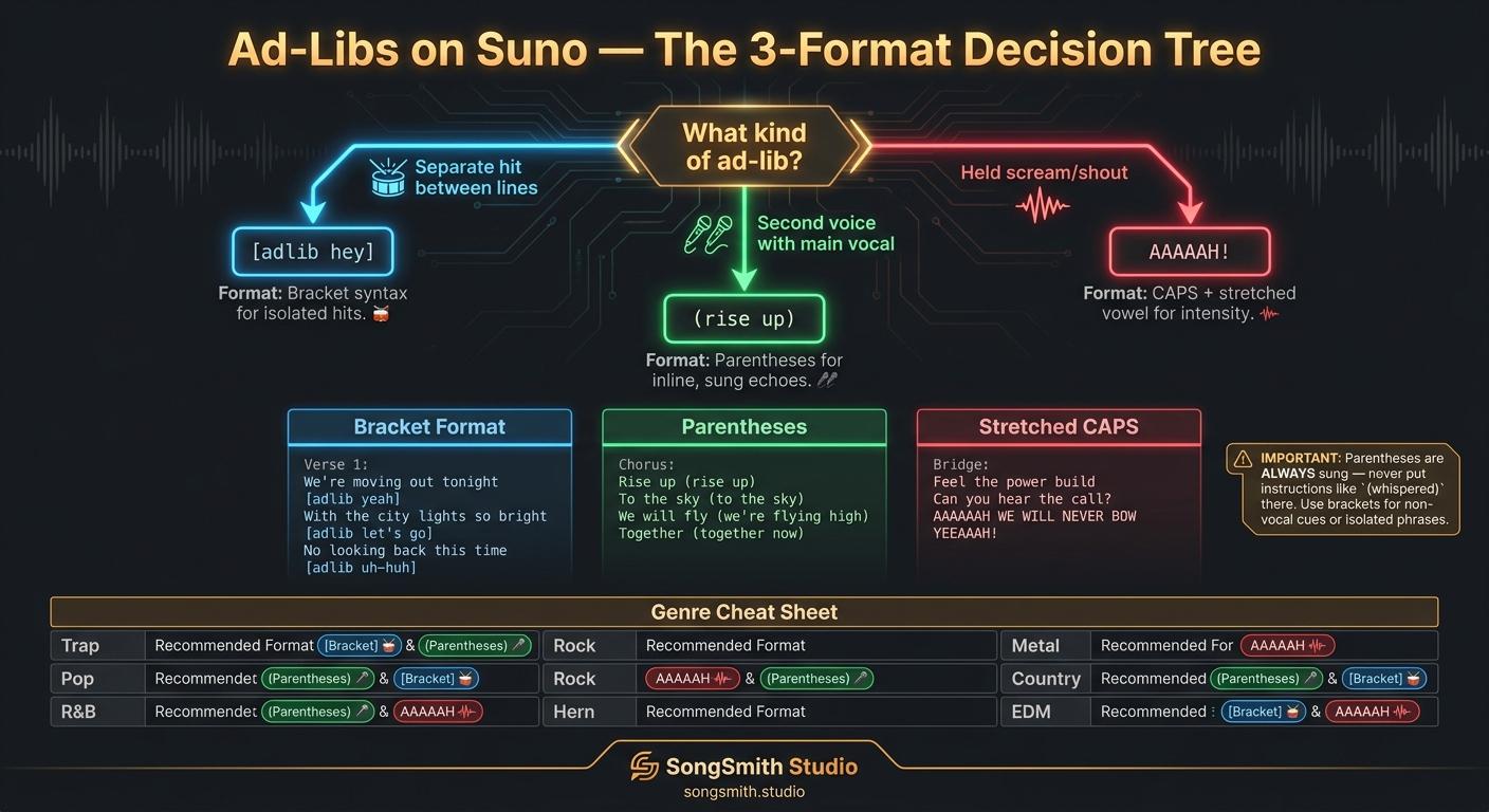 Reference infographic titled 'Ad-Libs on Suno — The 3-Format Decision Tree' with a branching diagram, 3 syntax columns, and a genre cheat sheet.
