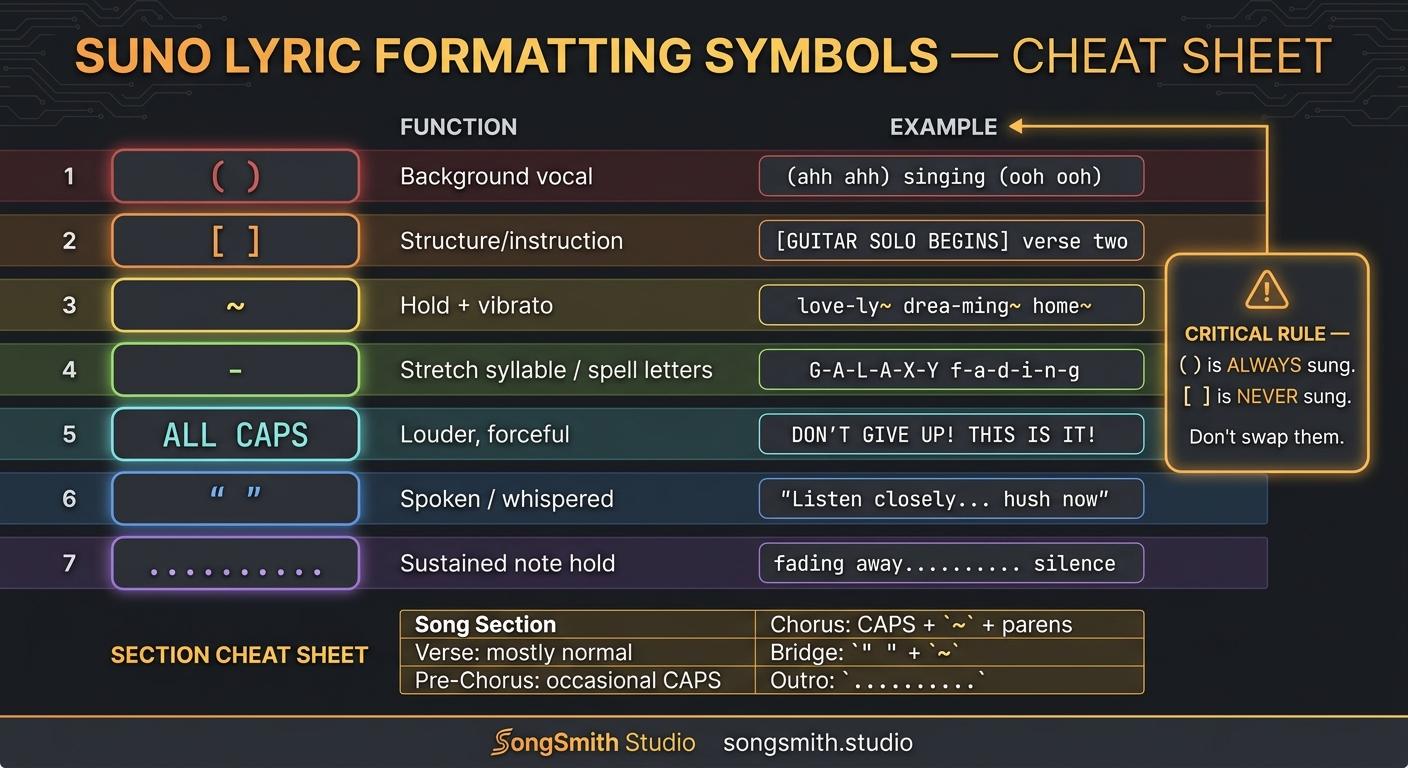 Reference infographic listing 7 lyric formatting symbols (parentheses, brackets, tilde, dash, ALL CAPS, quotes, dots) in numbered rows with function and example, plus a section-by-section usage cheat sheet.