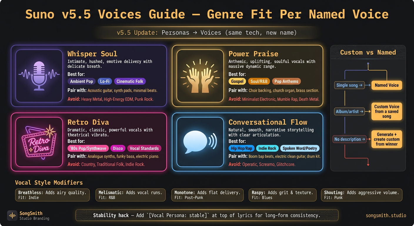 Update-guide infographic titled 'Suno v5.5 Voices Guide' with a Personas→Voices banner, 4 named-Voice cards in a 2x2 grid, 5 Vocal Style modifier chips, and a Custom vs Named decision tree.