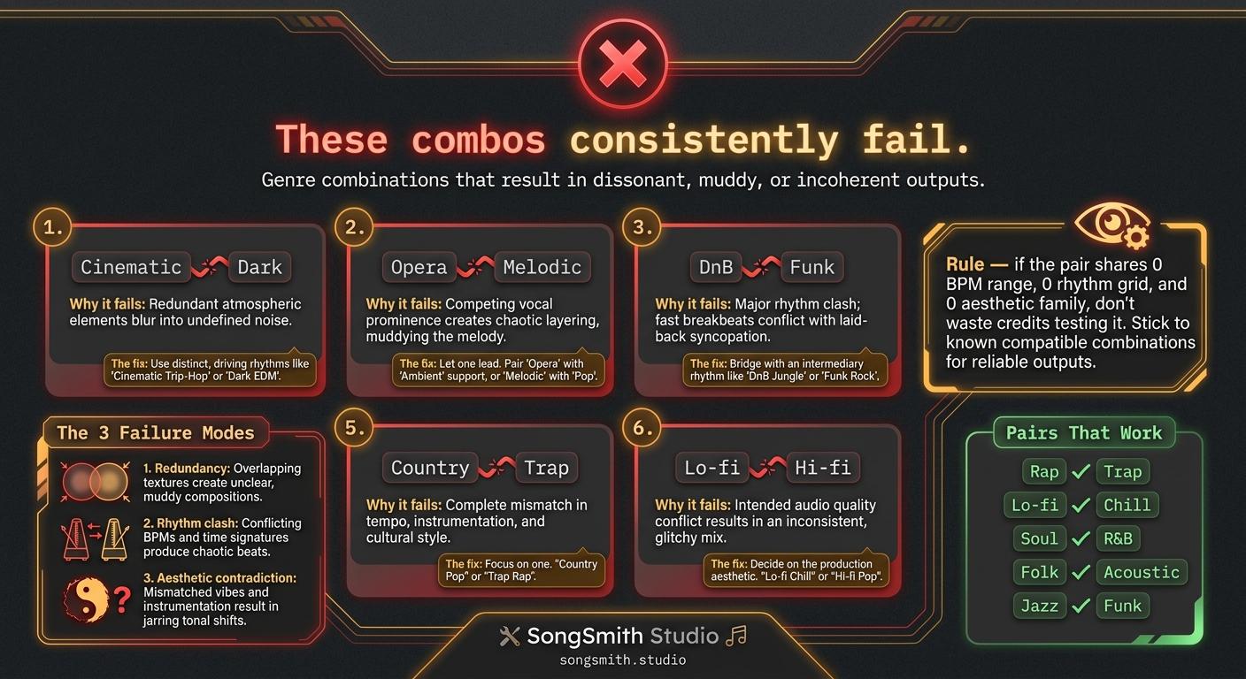 Anti-pattern infographic titled 'Genre Anti-Pairs' with 6 numbered anti-pair cards showing failing genre combos with broken-link visuals, plus 3 failure-mode icons and a 'pairs that work' list.