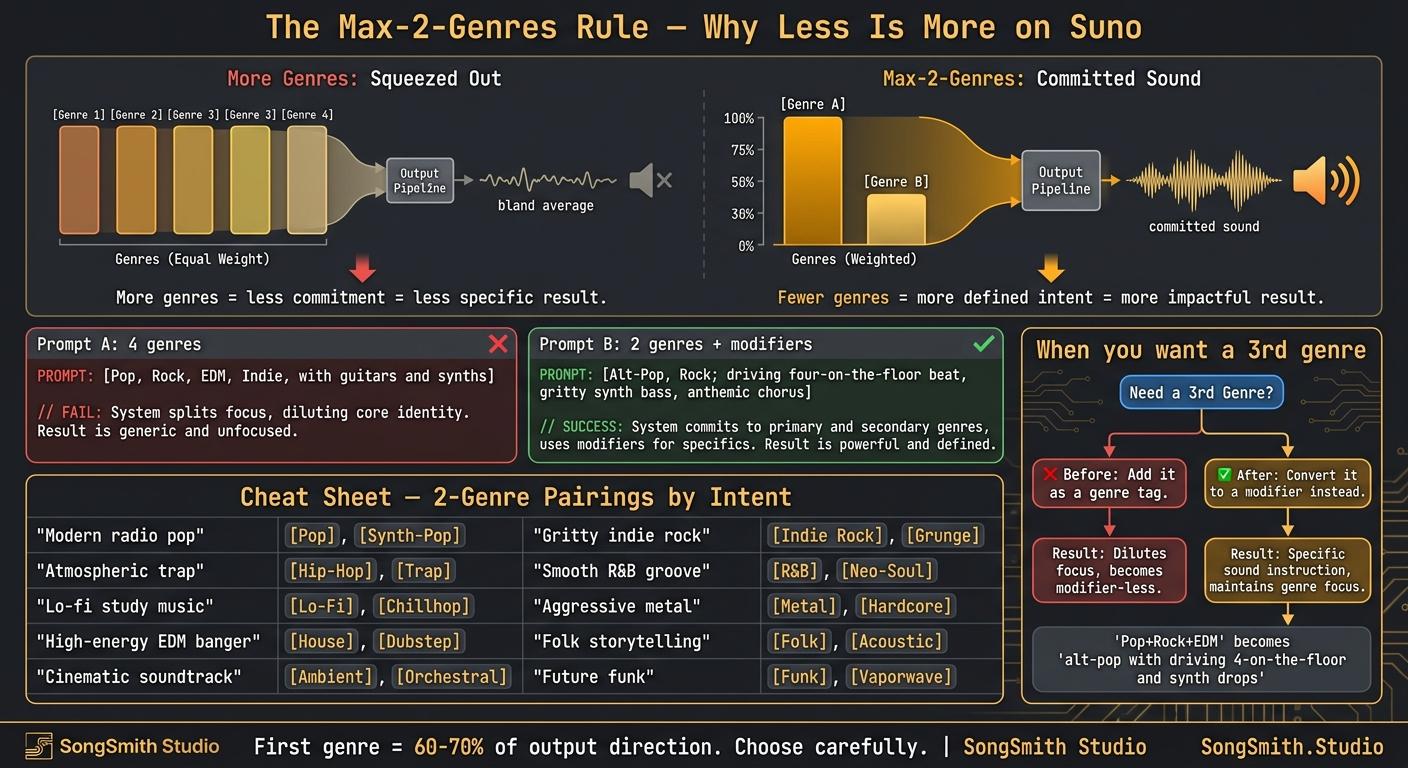 Educational infographic titled 'The Max-2-Genres Rule' with a probability/weight visualization, side-by-side Prompt A vs Prompt B comparison, and a 10-vibe pairing cheat sheet.
