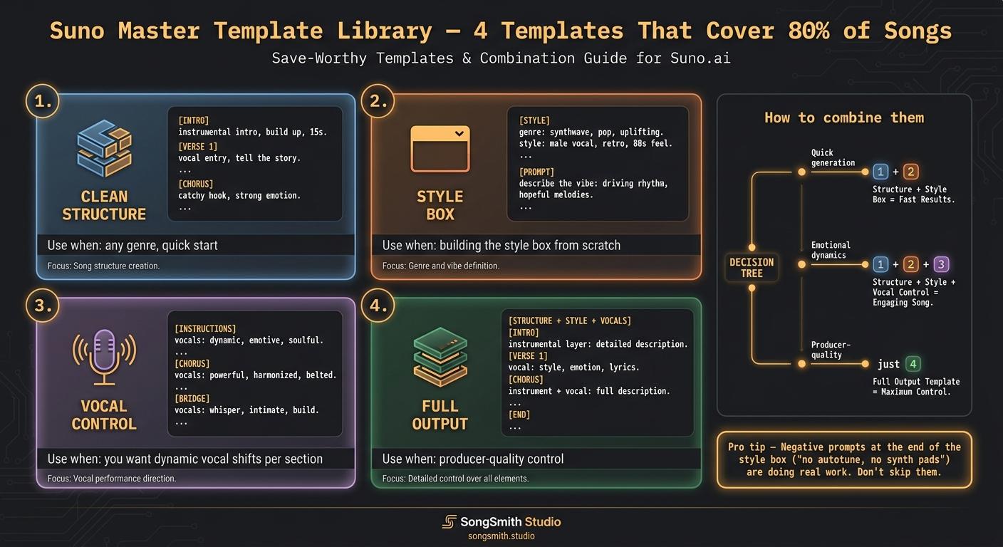 Save-worthy infographic titled 'Suno Master Template Library' with 4 large template cards (Clean Structure, Style Box, Vocal Control, Full Output) each with code-style snippets and 'Use when' guidance.