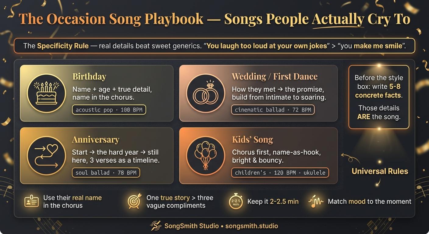 Infographic titled 'The Occasion Song Playbook' with the specificity rule banner, four template cards (birthday, wedding first dance, anniversary, kids' song) each with a style and BPM chip, and four universal rules along the bottom.