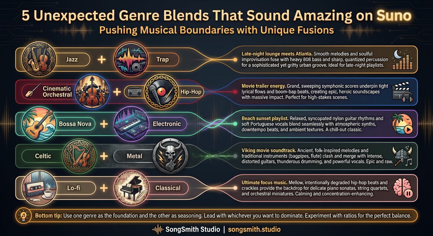 Dark-themed infographic showing 5 genre blend rows: Jazz + Trap equals late-night lounge, Cinematic Orchestral + Hip-Hop equals movie trailer energy, Bossa Nova + Electronic equals beach sunset, Celtic + Metal equals Viking soundtrack, Lo-fi + Classical equals focus music. Bottom tip: use one genre as foundation and the other as seasoning.
