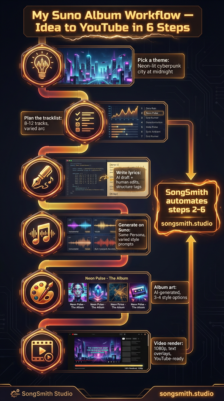 Dark-themed vertical flowchart titled 'Suno Album Workflow — Idea to YouTube in 6 Steps'. Shows connected steps with icons: 1. Lightbulb — Pick a theme, 2. List — Plan the tracklist (8-12 songs), 3. Pen — Write lyrics with structure tags, 4. Music note — Generate on Suno with same Persona, 5. Palette — Create album art, 6. Film — Render 1080p video. Callout: 'SongSmith automates steps 2-6'.