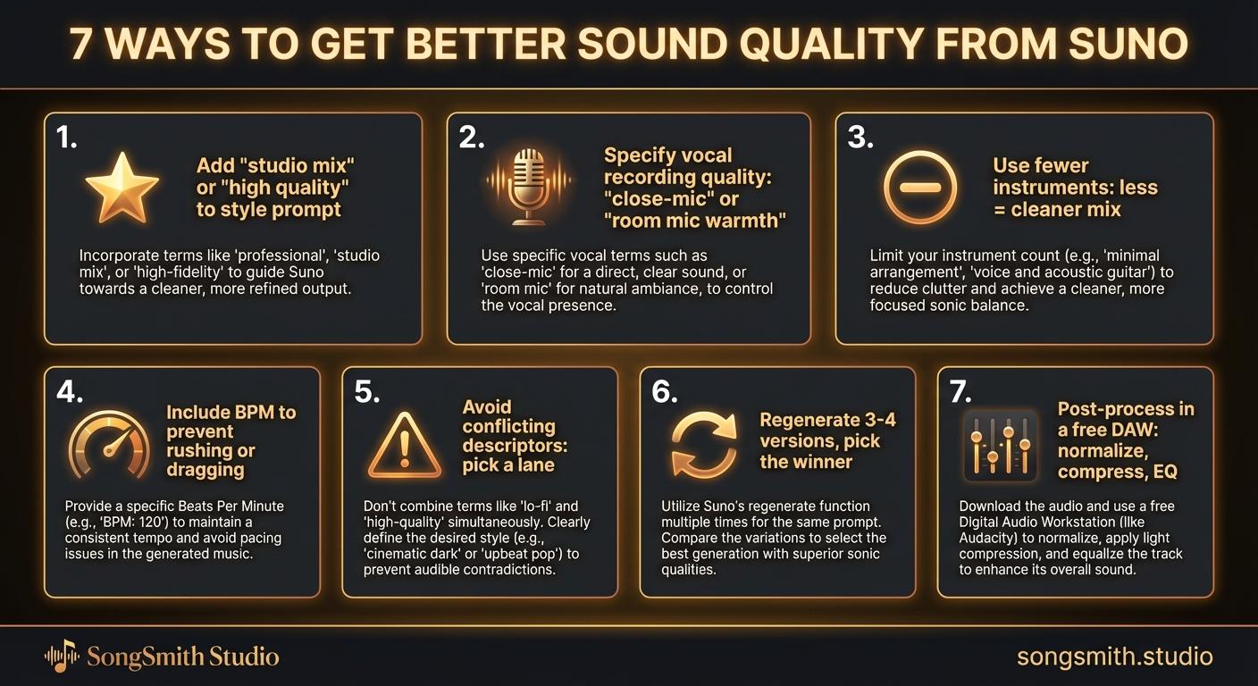 Dark-themed grid infographic with 7 numbered tip cards. Each card has a small icon: 1. Star 'Add studio mix to style prompt', 2. Microphone 'Specify vocal quality', 3. Minus 'Fewer instruments', 4. Gauge 'Include BPM', 5. Warning 'Avoid conflicting descriptors', 6. Refresh 'Regenerate 3-4 versions', 7. Sliders 'Post-process in DAW'. Amber/gold accents.