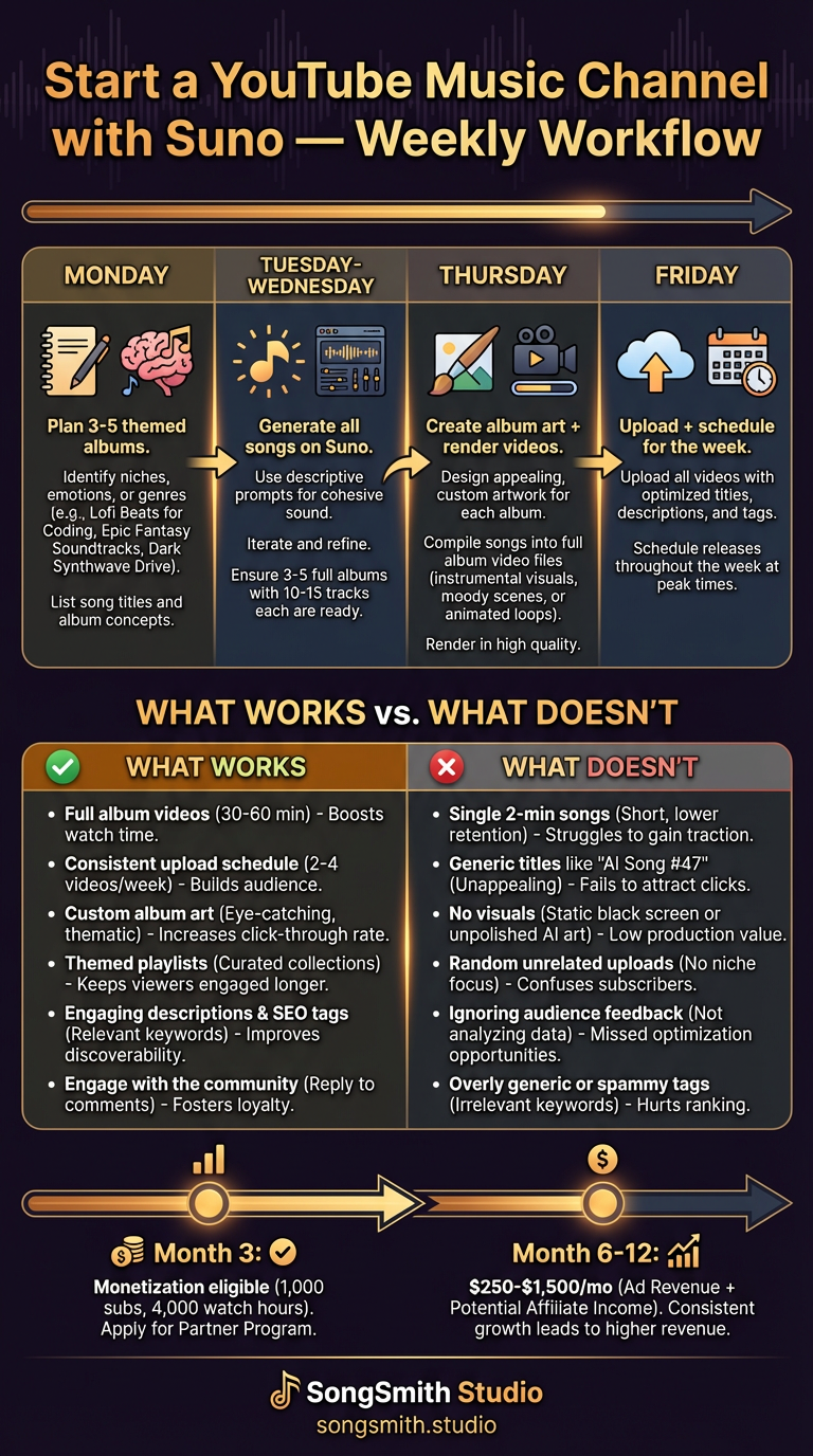 Dark-themed calendar-style infographic showing a weekly YouTube workflow: Monday Plan 3-5 themed albums, Tuesday-Wednesday Generate all songs on Suno, Thursday Create album art + render videos, Friday Upload + schedule. Below: 'What Works' (full album 30-60 min, consistent schedule, custom art, themed playlists) vs 'What Doesn't' (single 2-min songs, generic titles, no visuals). Bottom stats: Month 3 eligible for monetization, Month 6-12 $250-$1,500/mo.