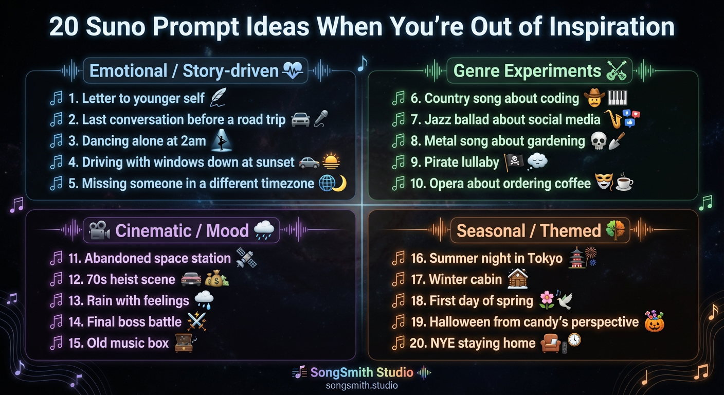 Four-quadrant infographic showing 20 Suno prompt ideas organized by category: Emotional/Story-driven (1-5), Genre Experiments (6-10), Cinematic/Mood (11-15), and Seasonal/Themed (16-20), with each quadrant in a different subtle accent color.