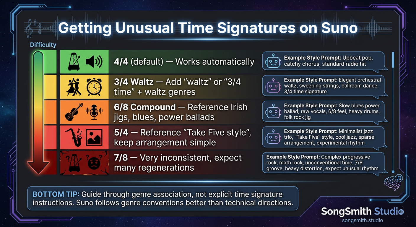 Difficulty meter infographic showing time signatures from easy to hard: 4/4 (green), 3/4 Waltz (yellow), 6/8 Compound (orange), 5/4 (red), 7/8 (dark red). Each row includes an example style prompt and difficulty explanation.