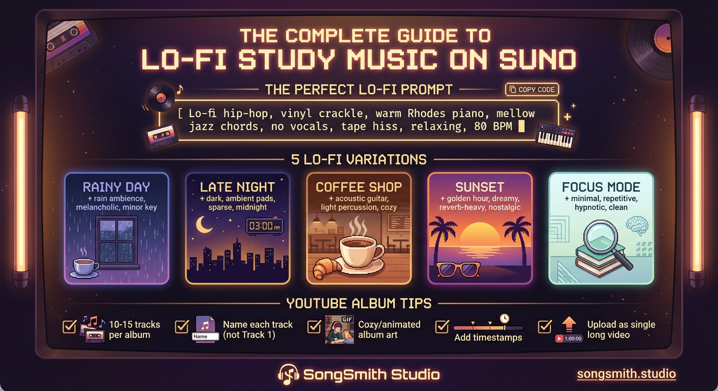 Infographic showing the complete lo-fi guide: top section displays the perfect lo-fi prompt in a code-style box, middle section shows 5 lo-fi variations (Rainy Day, Late Night, Coffee Shop, Sunset, Focus Mode) as styled cards with their prompt modifiers, bottom section lists YouTube album tips with checklist items.