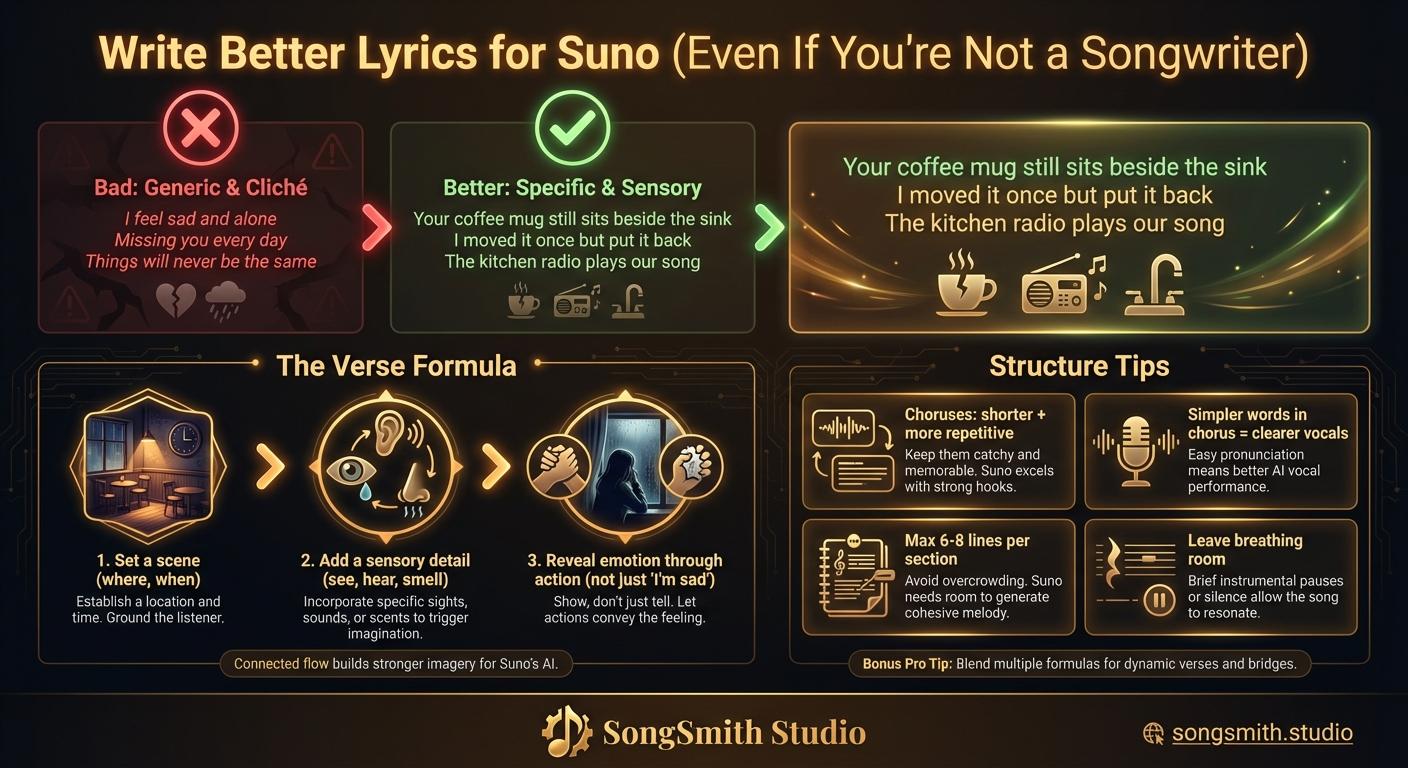 Dark-themed infographic comparing vague versus specific lyrics, showing the Verse Formula (Set Scene → Add Sensory Detail → Reveal Emotion), and a grid of Structure Tips for better Suno vocals.