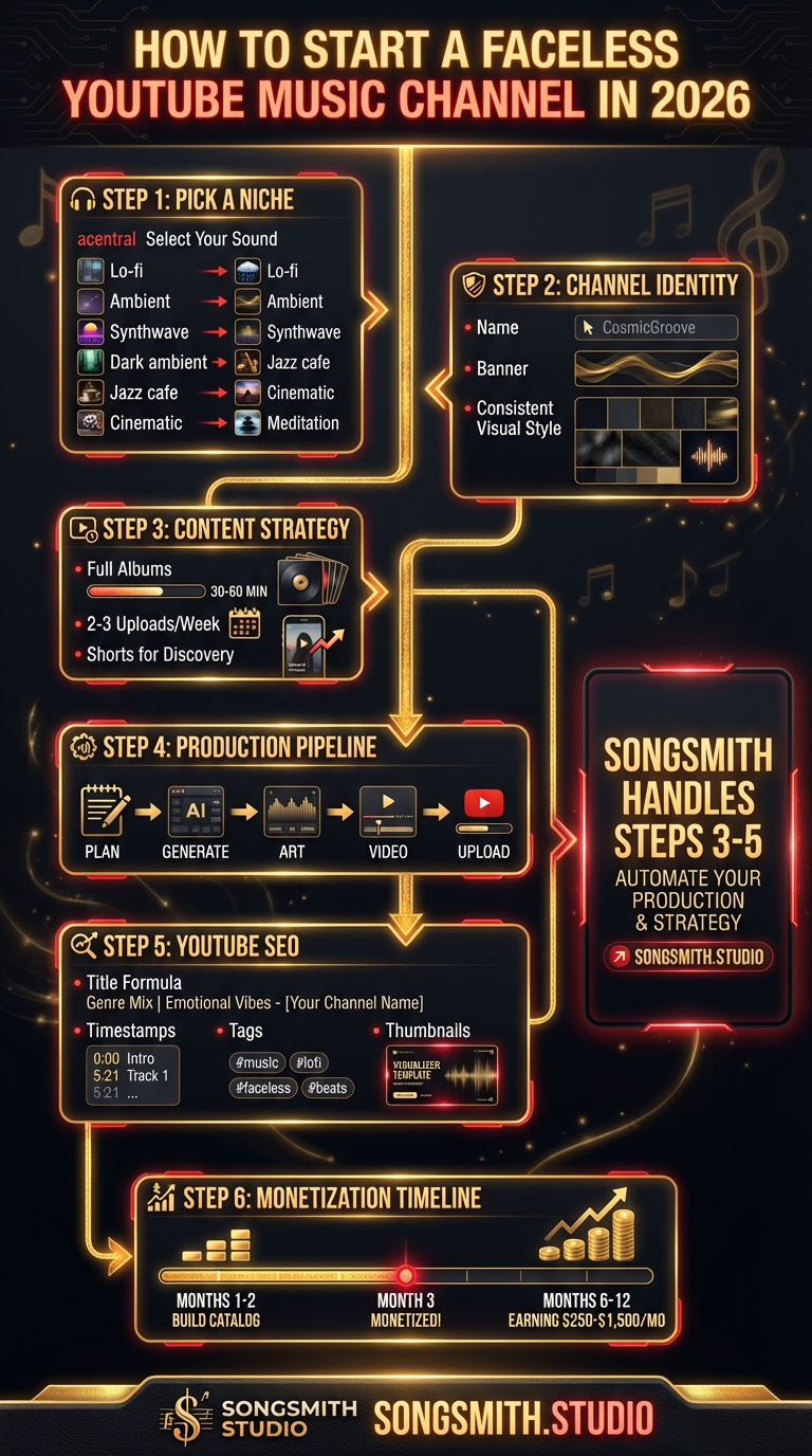 Vertical timeline infographic showing 6 steps to launch a faceless YouTube channel: Pick niche, build channel identity, plan content, create production pipeline, optimize SEO, reach monetization with earnings projection.