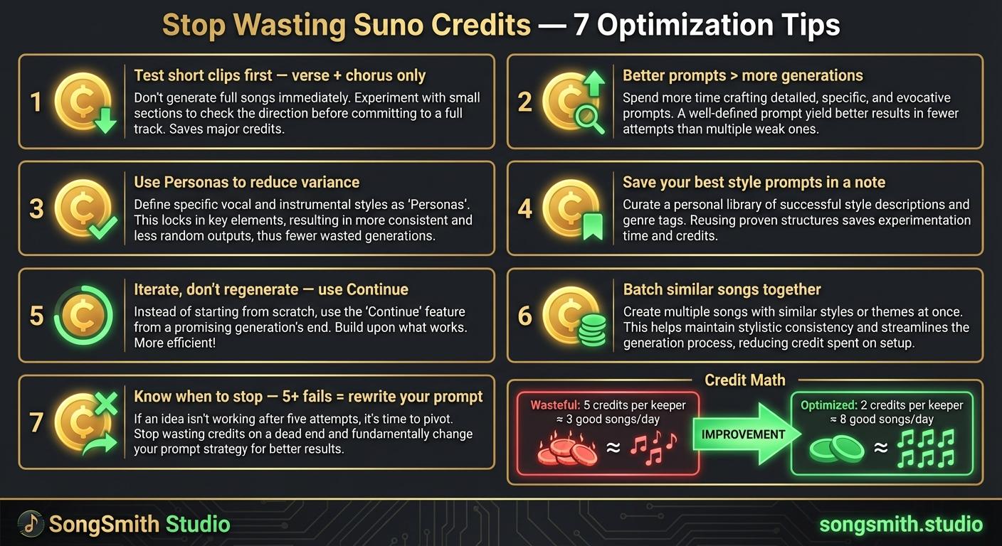 Dark-themed infographic displaying 7 numbered credit-saving tips in a grid layout, plus a bottom section showing credit math comparison: wasteful workflow (5 credits per keeper = 3 good songs/day) versus optimized workflow (2 credits per keeper = 8 good songs/day).