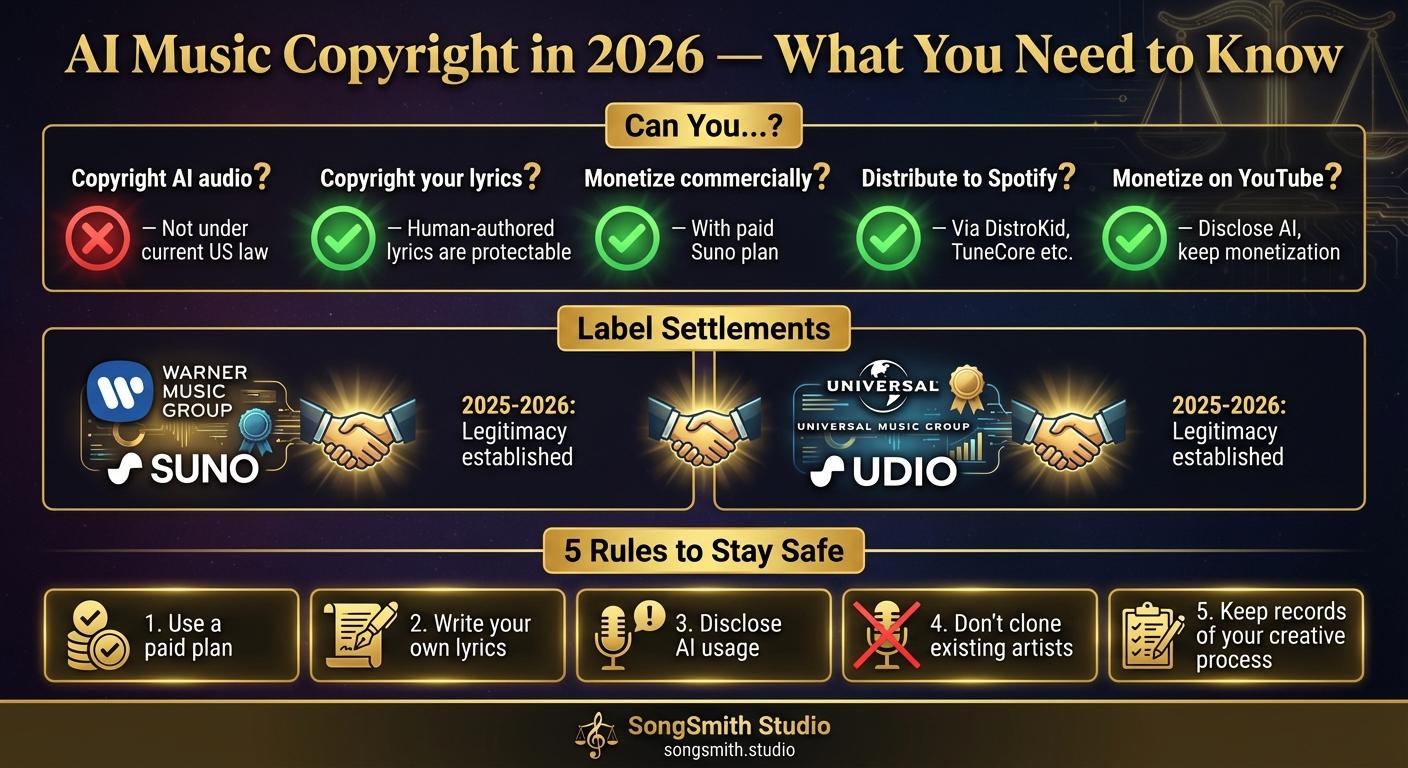 Dark-themed infographic with Q&A section showing what you can and cannot copyright (with checkmarks and X marks), a label settlements section showing Warner + Suno and UMG + Udio handshakes from 2025-2026, and a 5-point rules list for staying legally safe.